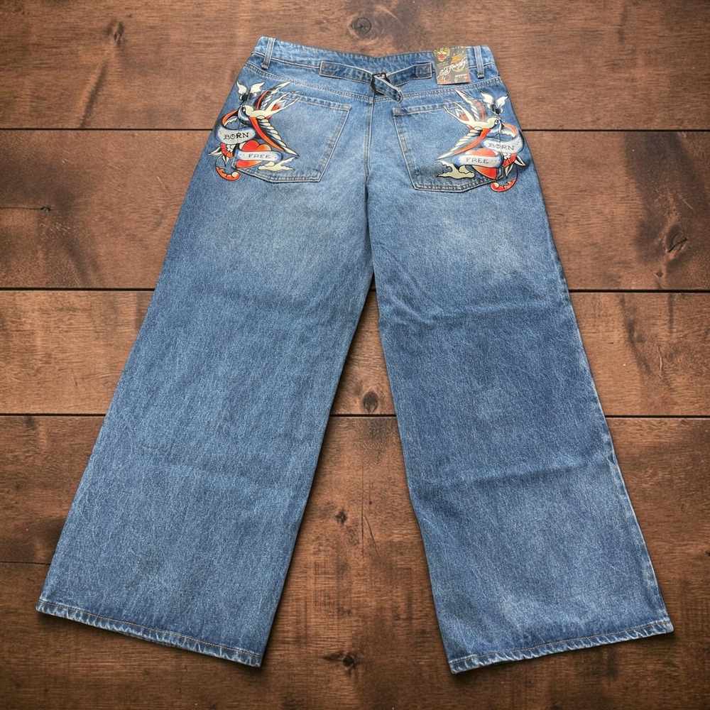 NEW Y2K Ed Hardy Wide Leg Jeans Retro Medium Wash Bird Size 34x32 Buckle Back
